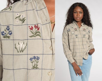 Checkered Floral Blouse 90s Embroidered Button Up Shirt Boho Long Sleeve Flower Top Preppy Gardening Taupe Vintage 1990s Cotton Small S