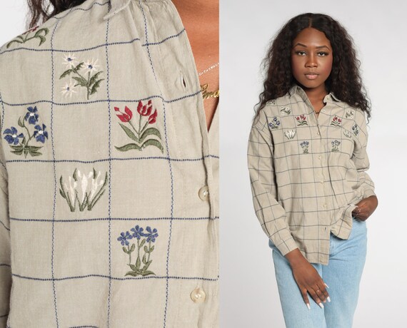 Checkered Floral Blouse 90s Embroidered Button Up… - image 1