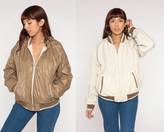Reversible Windbreaker 70s Bomber Jacket Tonal Brown Cream Zip Up Sporty Coat Retro Sportswear Streetwear Casual Vintage 1970s Mens Large