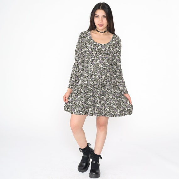 90s Floral Dress Lace Up V Back Dress Drop Waist Mini Dress Ruffle Ditsy Print Low Waisted Retro Long Sleeve Flounce Vintage 1990s Medium 8