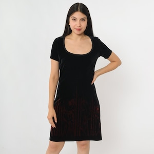 Vintage Velvet Mini Dress 90s Black Bamboo Print Party Dress Short Sleeve Shift Stretch Velour Cocktail Gothic Witch Minidress Goth Medium M