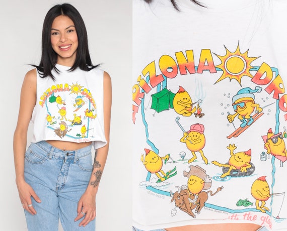 Arizona Crop Top 90s Lemon Drops Tank Top Sunshine Graphic Tee Cutoff Cropped Muscle Shirt Retro Summer White Vintage 1990s Small Medium
