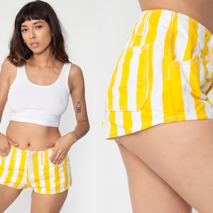 Randiga Jeanshorts 80-tals Gula Vita Jeanshorts Hotpants Medelhög Midja Vintage Sommarshorts Hotpants 1980-tals Streetwear