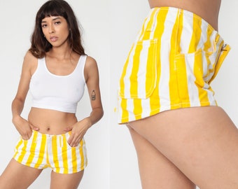 Striped Jean Shorts 80s Yellow White Denim Shorts Hotpants Mid Rise Waist Vintage Summer Shorts Hot Pants 1980s Streetwear