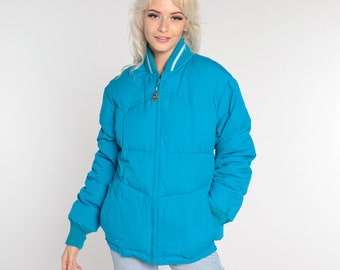 Blue PUFFER Jacket 80s Ski Jacket Goose Down Jacket Retro Puffy Coat Turquoise Winter Jacket Plain Winter Coat 1980s Puff Medium