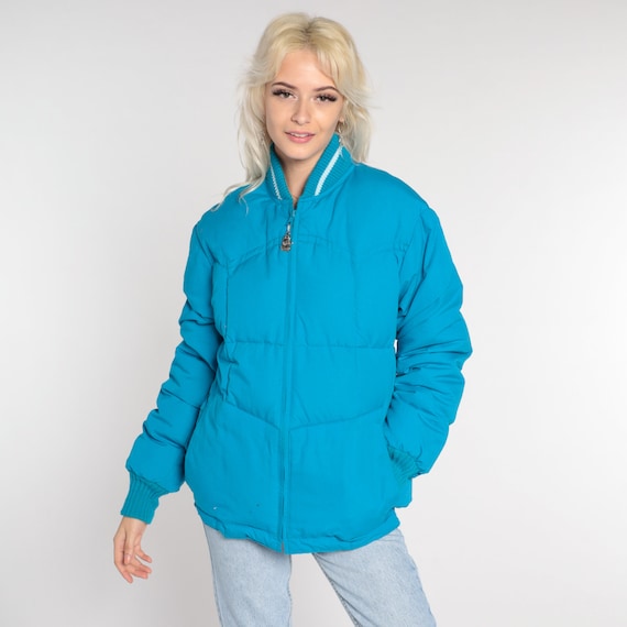 Blue PUFFER Jacket 80s Ski Jacket Goose Down Jacket Retro Puffy Coat Turquoise Winter Jacket Plain Winter Coat 1980s Puff Medium