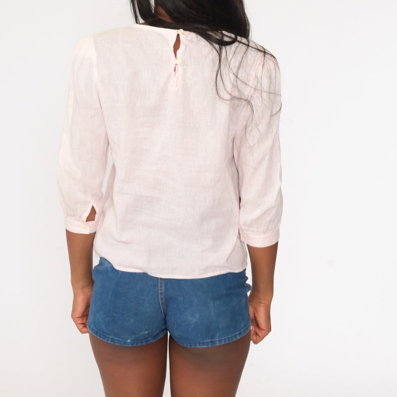 Pink Puff Sleeve Blouse FLORAL EMBROIDERED Shirt 80s Shirt Vintage Pastel Baby Pink Long Sleeve Blouse Boho 1980s Small S