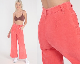 Corduroy BELL BOTTOM Pants 70s Hippie Coral High Waisted Trousers Boho Wide Leg Flared 1970s High Waist Vintage Bohemian Extra Small xs 25