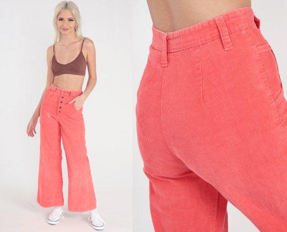 Corduroy BELL BOTTOM Pants 70s Hippie Coral High Waisted Trousers Boho Wide Leg Flared 1970s High Waist Vintage Bohemian Extra Small xs 25