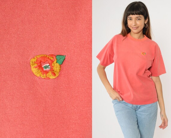 90s Coral T-Shirt Embroidered Floral T-Shirt Retro Plain Patch TShirt Solid T-Shirt Minimalist Top Basic Vintage 1990s Faded Medium