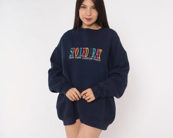 90s Spoiled Brat Sweatshirt New York London Paris Navy Blue Embroidered Rainbow Text Long Sleeve Unisex Top Travel Tourist Extra Large XL