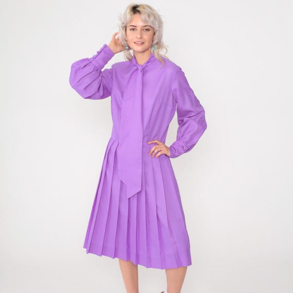 70s Purple Ascot Midi Dress Mod Necktie High Waisted Boho Vintage Long Sleeve 1970s Minidress Pleated Gogo Medium 8
