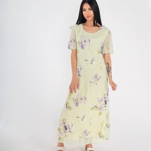 Green Floral Dress Y2k Ankle Length Maxi Dress Sheer Short Sleeve Purple Flower Print Garden Party Bohemian Feminine Vintage 00s Medium M