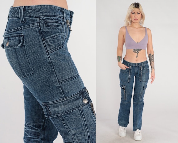 Y2K Jeans Armani Exchange Low Rise Cargo Jeans Denim Bell Bottom Flare Jeans Blue Bootcut Zipper Pants Designer Flared Vintage 00s Large 32