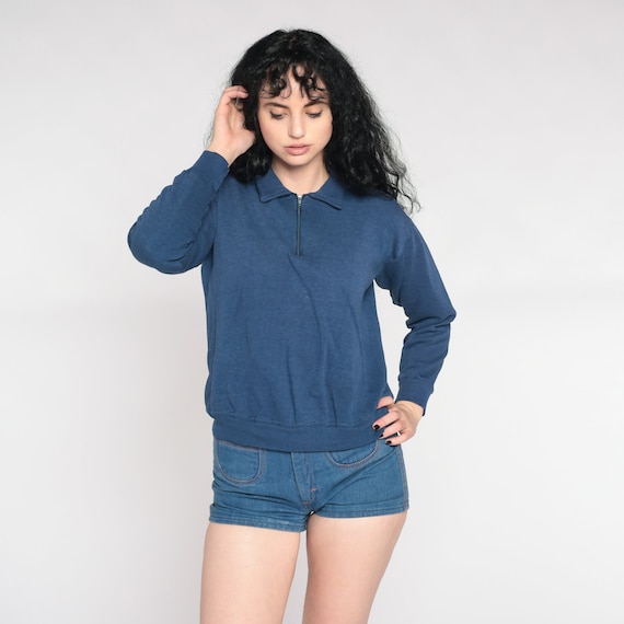 Vintage Blue Pullover Sweatshirt 90s Quarter Zip Sweatshirt Plain Blank 1990s Collared Athletic Leisure Normcore Basic Retro Medium M