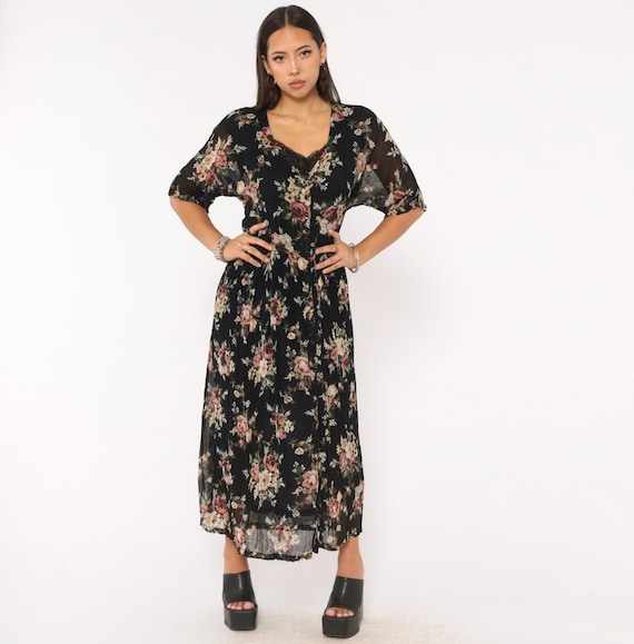 Dark Floral Maxi Dress 90s Sheer Button Front V Neck Lace Black Rose Prairie Cottagecore Grunge Half Sleeve Gothic Romantic Vintage Small S