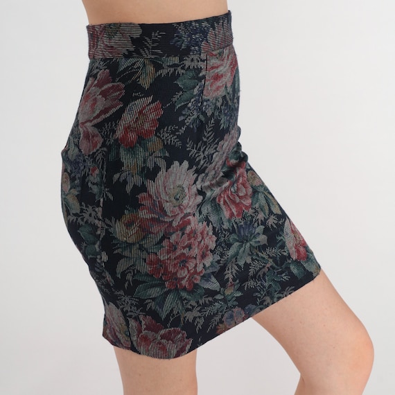 Floral Corduroy Skirt 80s Navy Blue Mini Skirt Grunge Pencil Skirt Retro High Waisted Bohemian Miniskirt Vintage 1980s Byer of California XS