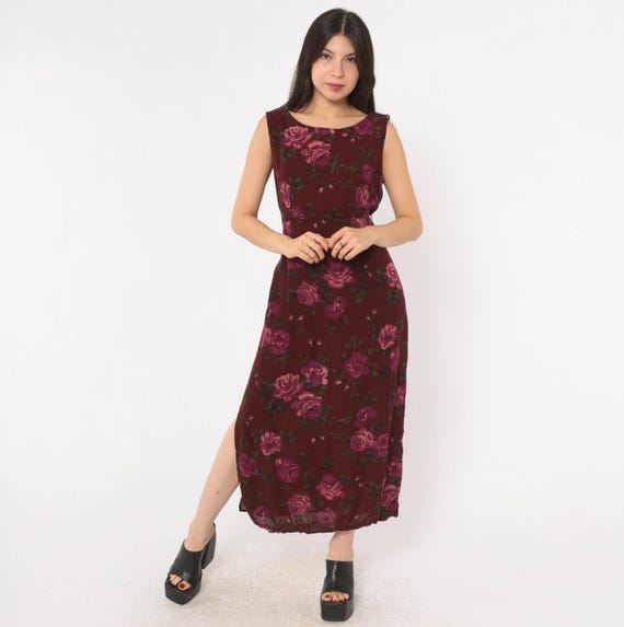 90s Burgundy Rose Midi Dress Sleeveless Dark Floral Tie Back Purple Wine Grunge Whimsigoth Prairie Cottagecore Sundress Vintage Medium M