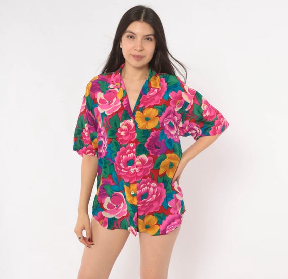 90s Floral Silk Shirt Fuchsia Pink Rose Button Front Short Sleeve Blouse Hawaiian Magenta Gold Green Colorful Summer Heléne Sidel Small S
