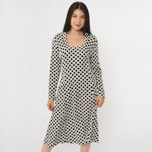 Vintage 70s Black White Op Art Dress Maurice Circle Print Nylon Jersey Midi Long Sleeve 1970s Graphic Mod Geometric Square Neck Large L