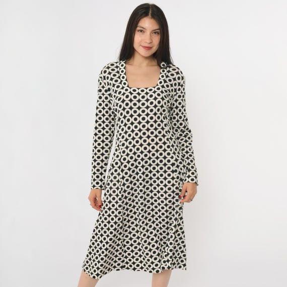 Vintage 70s Black White Op Art Dress Maurice Circle Print Nylon Jersey Midi Long Sleeve 1970s Graphic Mod Geometric Square Neck Large L
