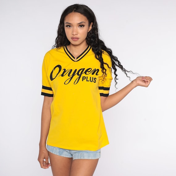 80s Baseball Shirt Oxygen Plus Ringer Tee Shirt Yellow Uniform Slogan Shirt V Neck Shirt Graphic Tshirt 1980s Vintage Small Medium