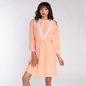 70s Mini Dress Peach Puff Sleeve LACE Dress Boho Bib High Waisted Party Long Sleeve 1970s Bohemian Vintage Pastel Babydoll Medium