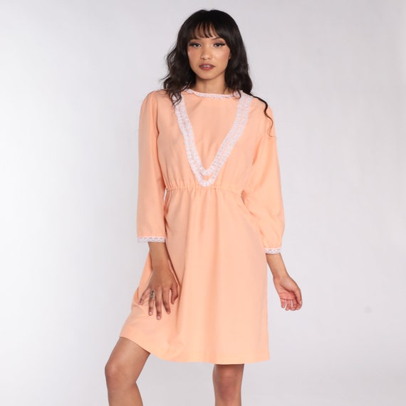 70s Mini Dress Peach Puff Sleeve LACE Dress Boho Bib High Waisted Party Long Sleeve 1970s Bohemian Vintage Pastel Babydoll Medium