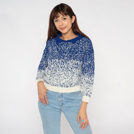 80s Collared Sweater Blue White Knit Polo Sweater Flecked Gradient Ombre Pullover Retro Preppy Streetwear Cozy Vintage 1980s Acrylic Small S