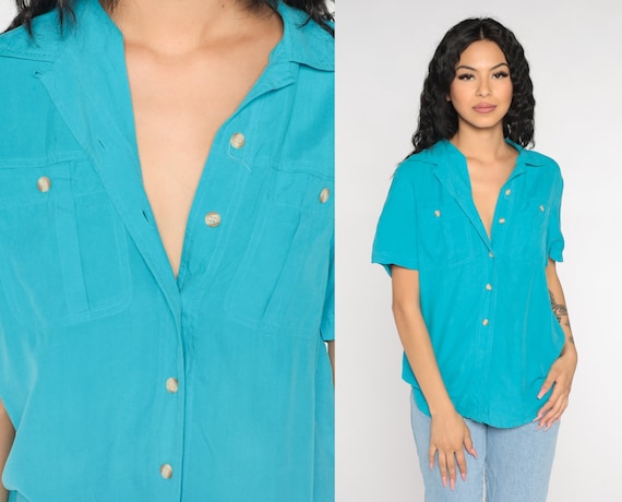 Turquoise Silk Blouse Y2k Blue Button up Shirt Retro Plain Simple Short  Sleeve Top Preppy Basic Button Down Minimalist Vintage 00s Medium M -   Canada