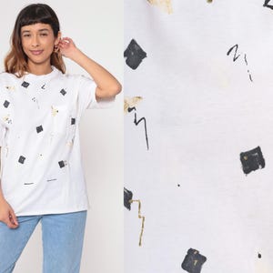90s Abstract Print T-Shirt Glitter Paint Geometric Graphic Tee Vintage 1990s White Confetti Print Gold Black Medium