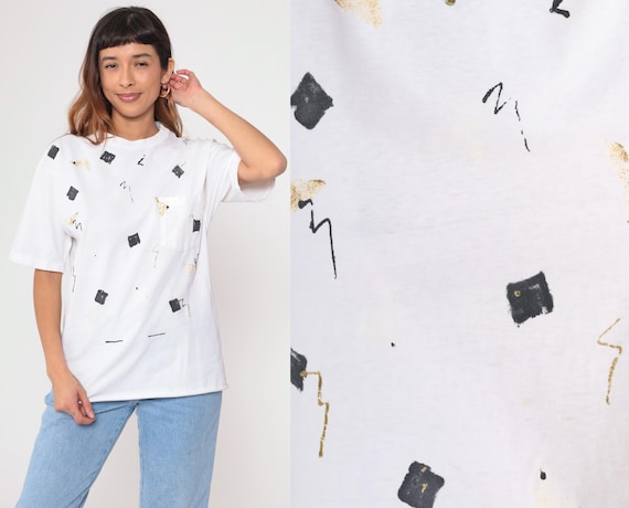 90s Abstract Print T-Shirt Glitter Paint Geometric Graphic Tee Vintage 1990s White Confetti Print Gold Black Medium