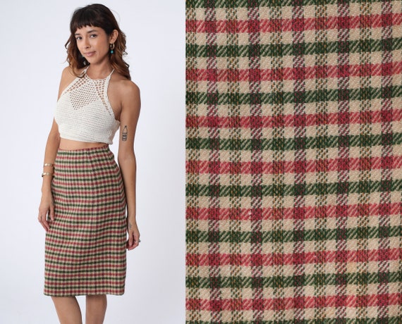 Checkered Pendleton Skirt Shepherd Check Plaid Midi WOOL Pencil Wiggle High Waisted 70s Preppy Pink Green Tan Vintage Secretary 1970s Small