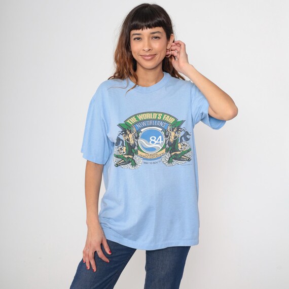 Worlds Fair Tshirt 1984 New Orleans Louisiana World Exposition Mermaid Blue Vintage Graphic Tee Oversized Soft Crew Neck Extra Large XL