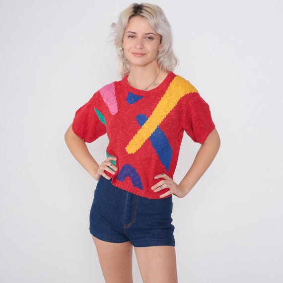 Red Sweater Top 80s Knit Shirt Yellow Blue Pink G… - image 2