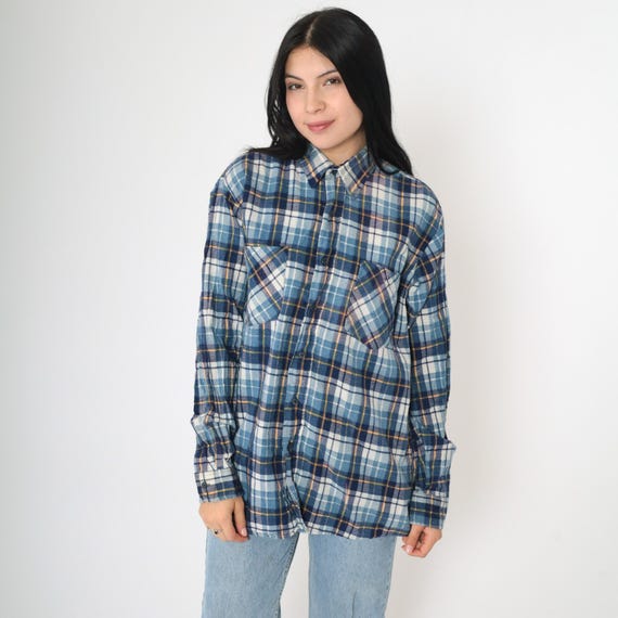 90s Flannel Shirt Blue Plaid Grunge Lumberjack Oversize Long Sleeve Button Up Vintage Retro Ozark Trail Men's Medium