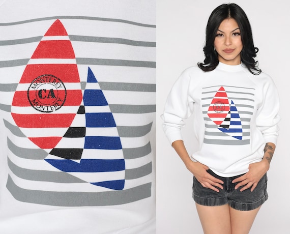 Monterey Sweatshirt 80s Sailboat Sweatshirt Raglan Sleeve Shirt California Bay Nautical Pullover 1980s Graphic Vintage Extra Small xs