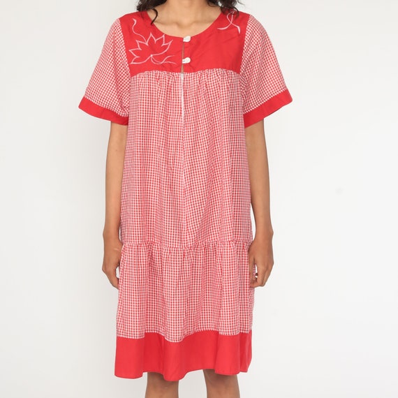 Checkered Lounge Dress 70s Mid Red Gingham Dress … - image 4