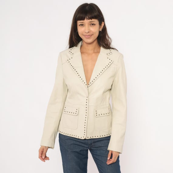 Studded Leather Blazer 2000s Cream Lamb Jacket Notched Collar Snap Front Ivory Fitted Coat Off White Western Stud Detail Blazer Medium M