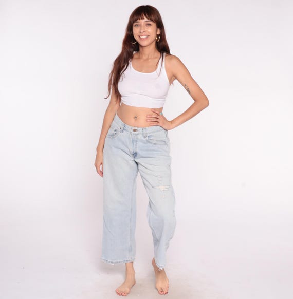 Levi's Y2K Jeans Light Wash Denim Wide Leg Distressed Ripped Frayed Low Rise Light Blue Vintage Pants 90s Streetwear Relaxed Fit Large L