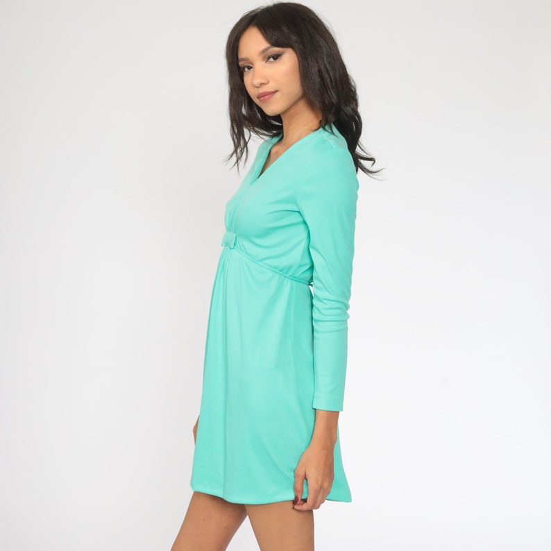 Turquoise Babydoll Dress 1970s Mod Mini Dress 70s Deep V Neck Dress Party Empire Waist Vintage Long Sleeve Plain Small S image 4