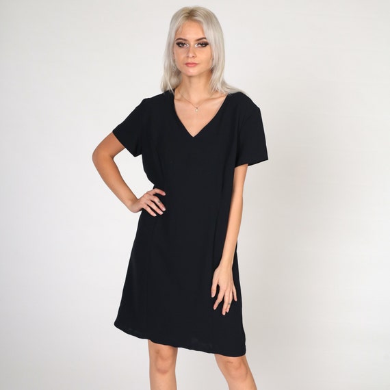 90s Black Mini Dress Sheath Dress Plain Black Dress Vintage Simple Princess Seam Dress 1990s Party Dress Short Sleeve Large 14 Petite