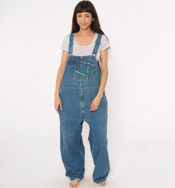 Key Denim Overalls 90s Medium Blue Baggy Wide Leg Cotton Bib Dungarees Carpenter Workwear Vintage Utility Multi Pocket Relaxed Fit Small S