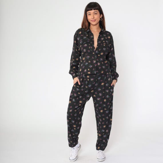 90s Two Piece Set Floral Jumpsuit Outfit Blouse & Tapered Pants Set Baggy High Waisted Trousers Button Up Top 1990s Vintage Suit Medium 8