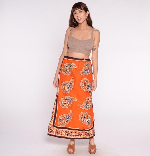 70s Paisley Skirt Orange Cotton Cream Print Tie Waist Festival Summer Hippie Psychedelic Border Vintage Beach Vacation Bohemian Large L