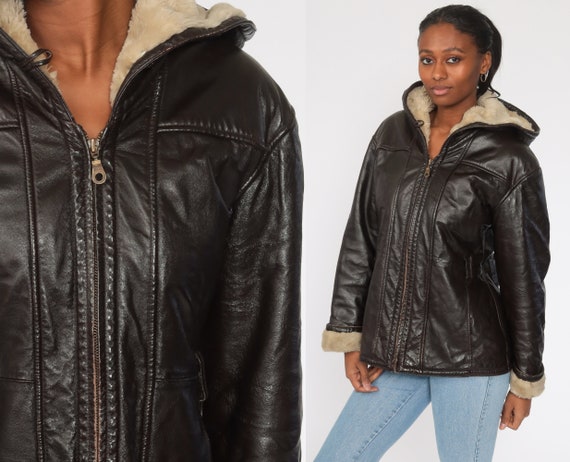 Hooded Leather Jacket 90s Hood Coat Brown 1990s W… - image 1