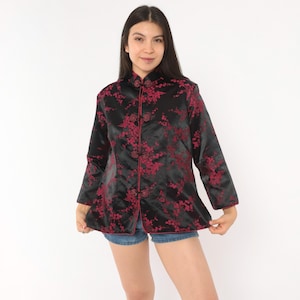 90s Cherry Blossom Mandarin Collar Jacket Black Brocade Frog Button Closure Pink Floral Top Three Quarter Sleeve Knot Blazer Vintage Large L