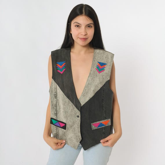 Vintage Denim Southwestern Vest Acid Wash Grey Black Boho Vest 90s Hippie Jean Deep V Neck Button Up 1990s Bohemian Southwest Medium M