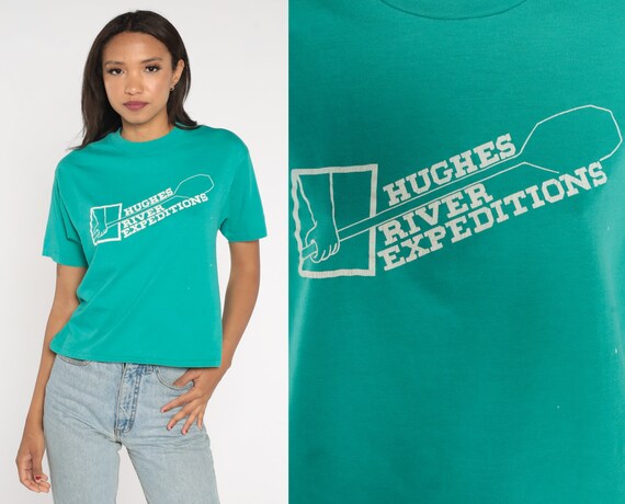 Hughes River Expeditions Shirt River Rafting Shirt 90s T-Shirt Graphic Tee Stanley Idaho Travel Vintage 1990s Green Hanes Small Medium