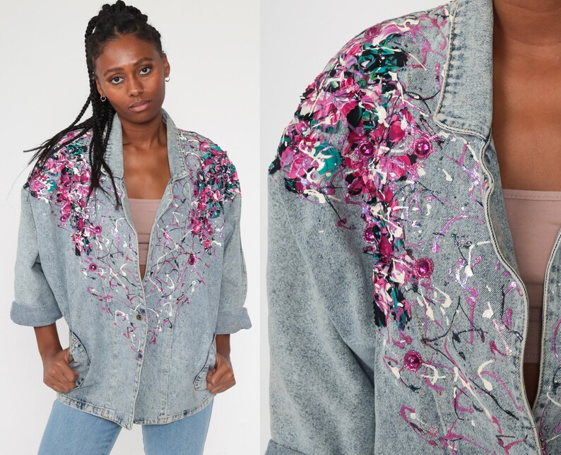 90s Denim Jacket Paint Splatter ACID WASH Jean Jacket Glitter Etsy